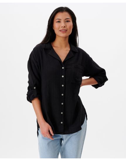 Premium Surf Long Sleeve Button Up Shirt in Black