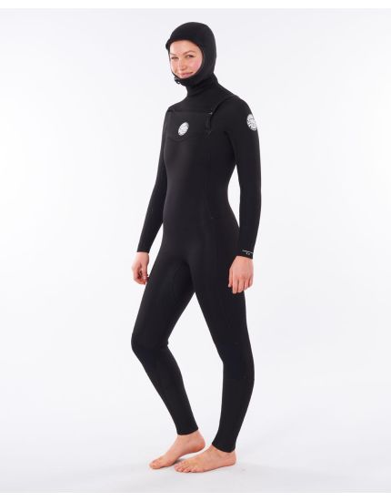 Womens Dawn Patrol 5/4 Chest Zip Hooded Wetsuit in Black
